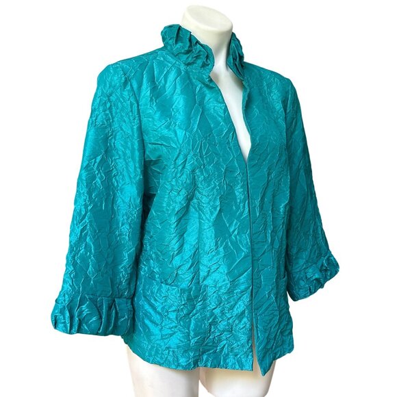 Chico’s Teal Crinkle Jacket, 3/4-Length Sleeves Women's Size 2 (L) - Picture 2 of 9